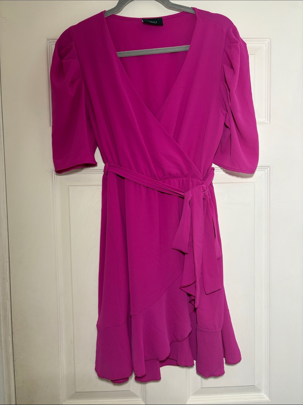 Vici Fuchsia Wrap Mini Dress with Puff Sleeves - Picture 9 of 12